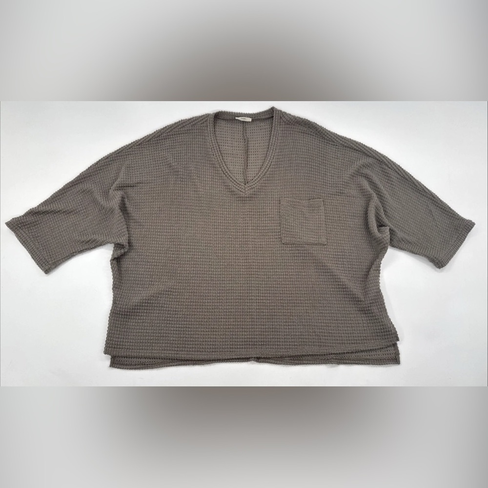 Jodifl Oversized V-Neck Tunic Sweater Waffle Knit Womens Small Boho Tan Pocket